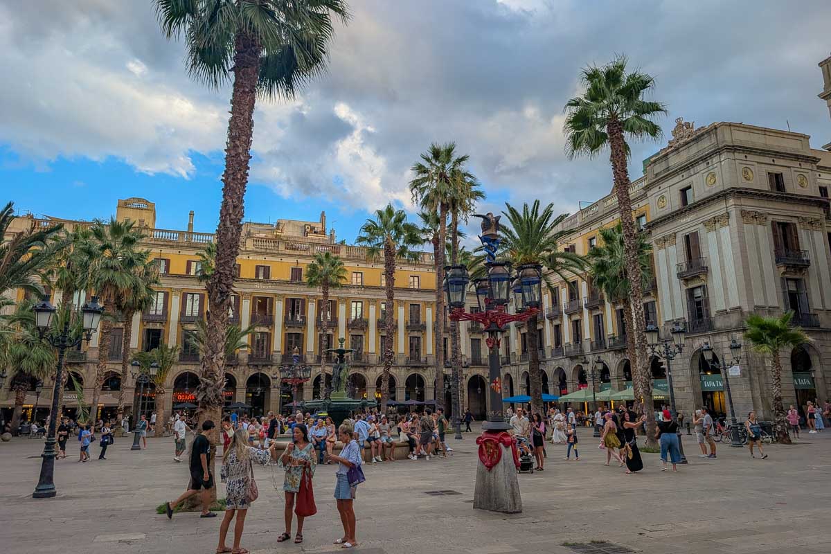 Plaça Reial (Royal Square), a public square located in the Gothic Quarter of Barcelona, Spain