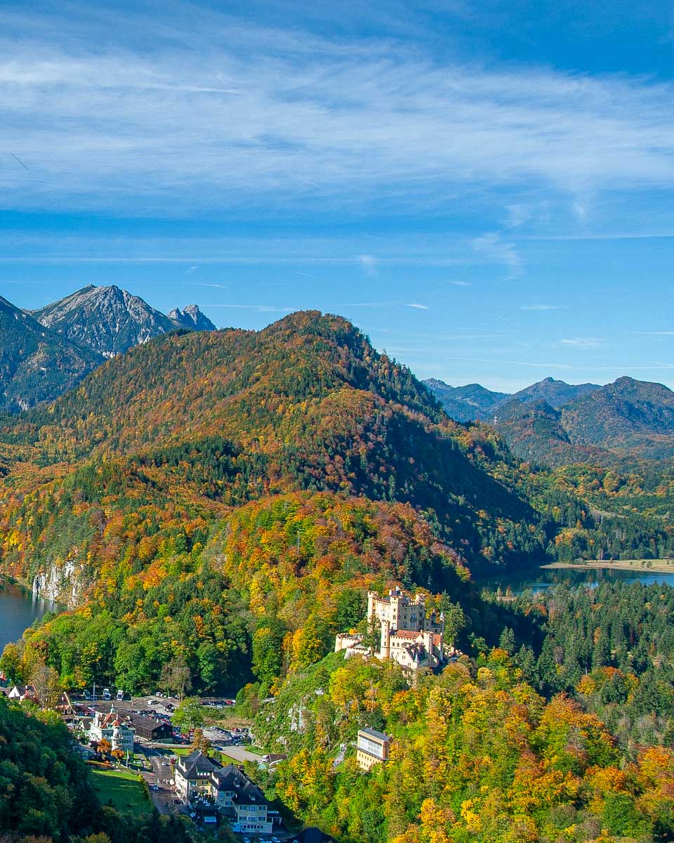 Aerial view of Alpsee with Hohenschwangau castle, Bavaria, Germany in the fall