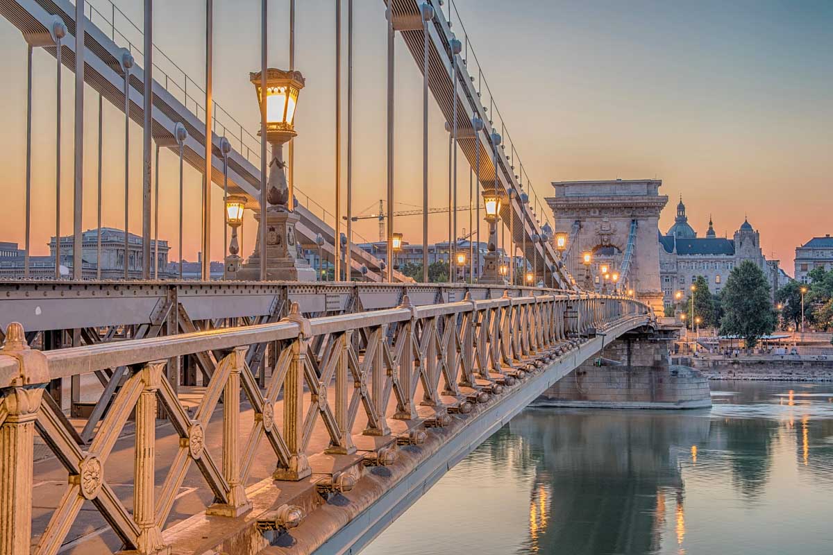 A-bridge-at-sunrise-in-Budapest-Hungary