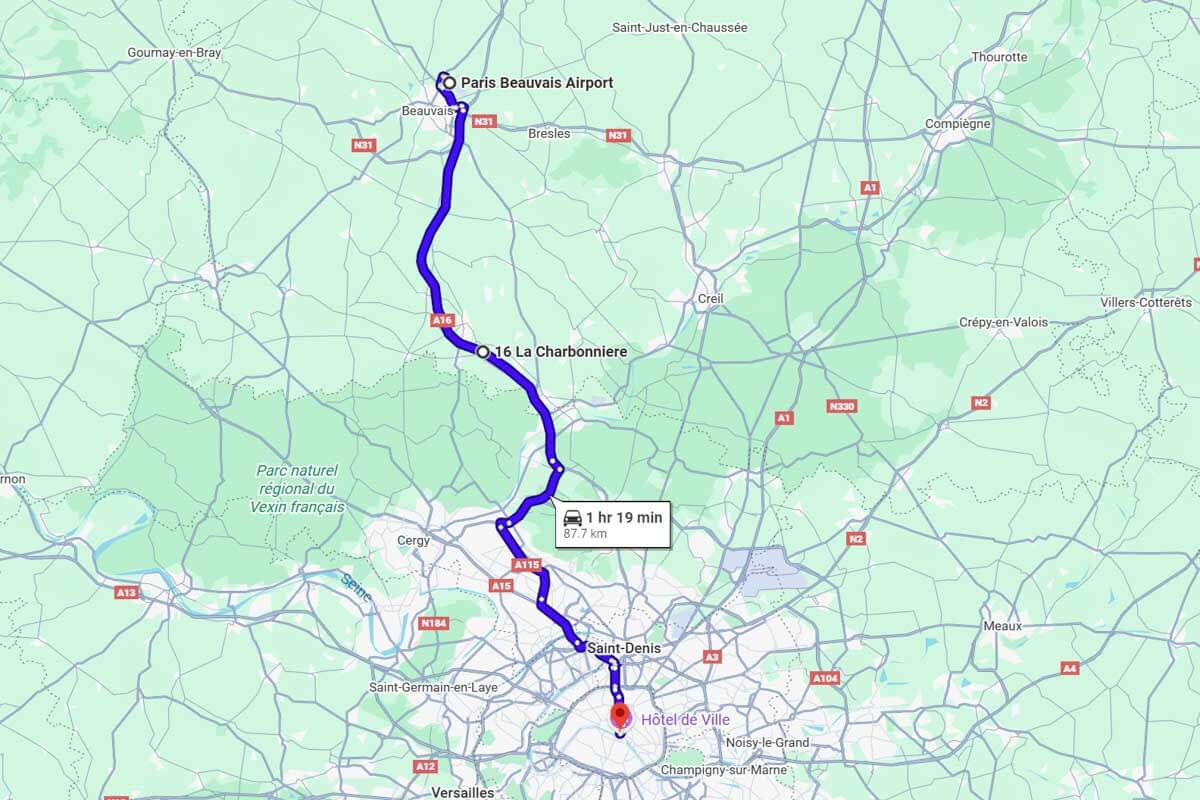 Distance from the Paris Beauvais Airport to Paris France