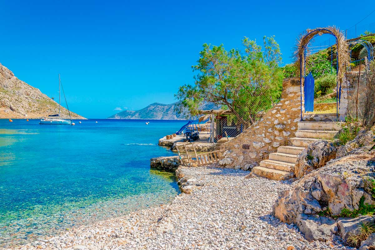 Stairs from sandy beach on Greece island Kalymnos on a trip from Kos