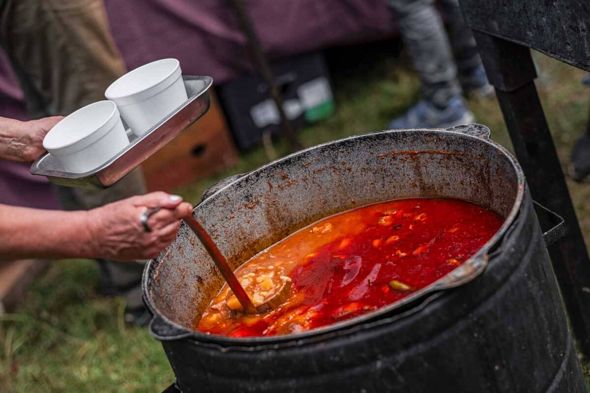 Traditional Hungarian goulash eaten in the countryside in Hungary