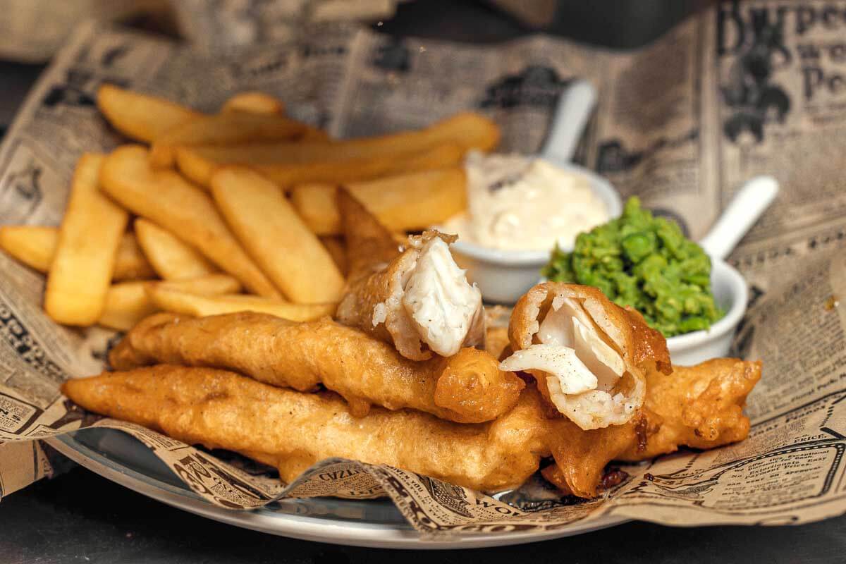 Traditional fish and chips eaten in England