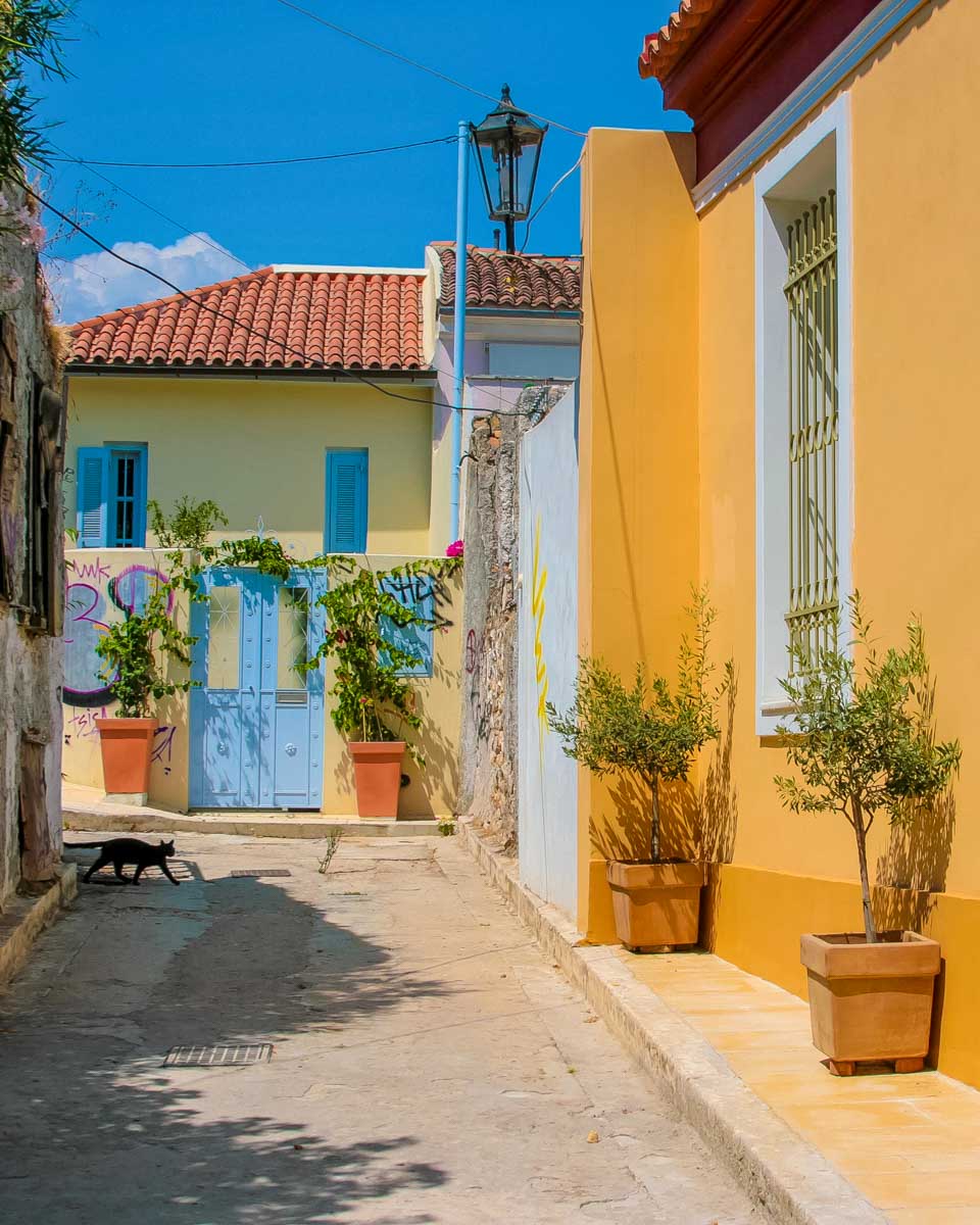 Traditional colorful street in Plaka, Athens Greece