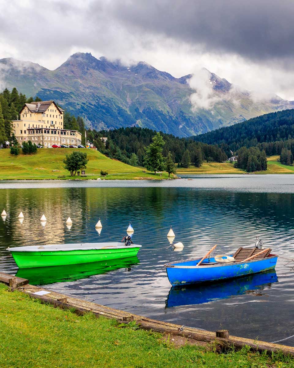 Boats on the lake of St Moritz in the Engadin Valley Switzerland