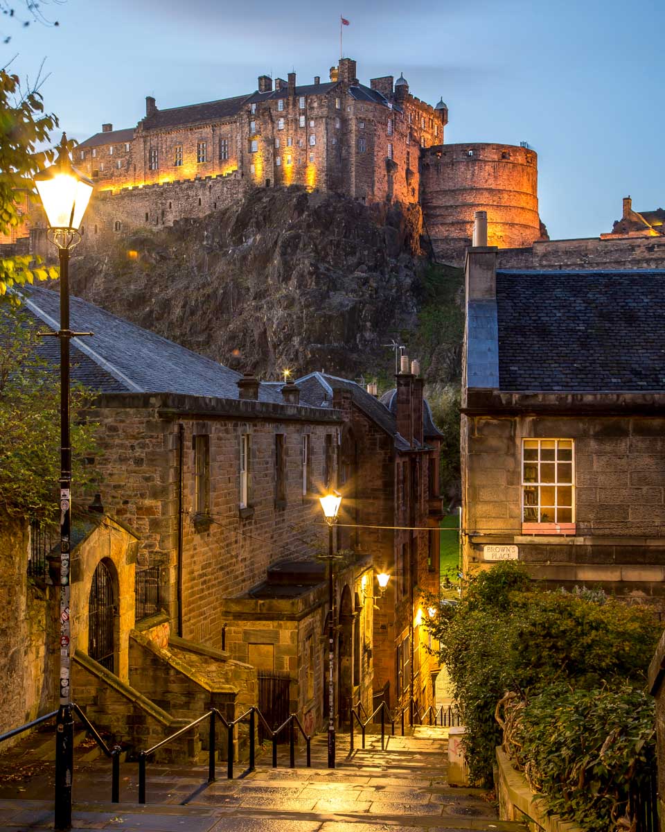Edinburgh Castle seen from Vennel Street in Edinburgh Scotland at night