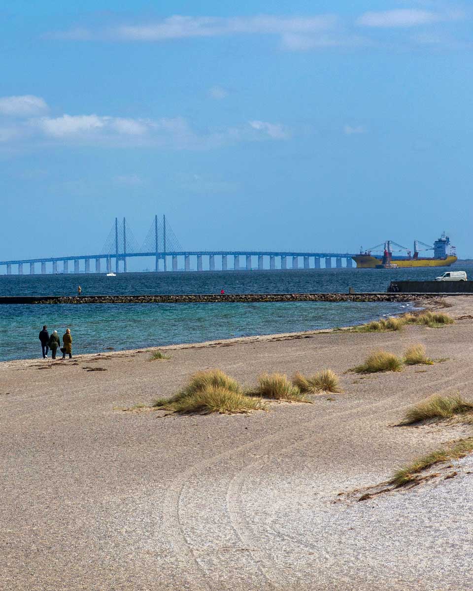 Oresund bridge seen from Amager beach park Copenhagen Denmark