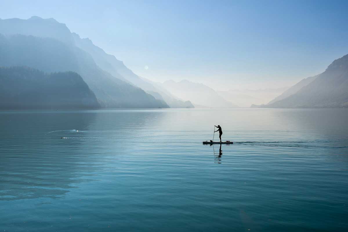 People kayaking on Lake Brienz, Switzerland