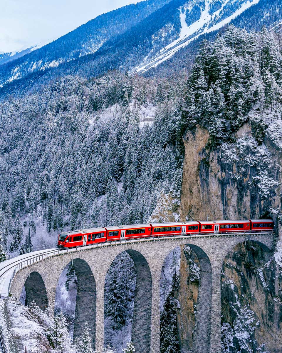The Glacier Express seen during the winter in Switzerland