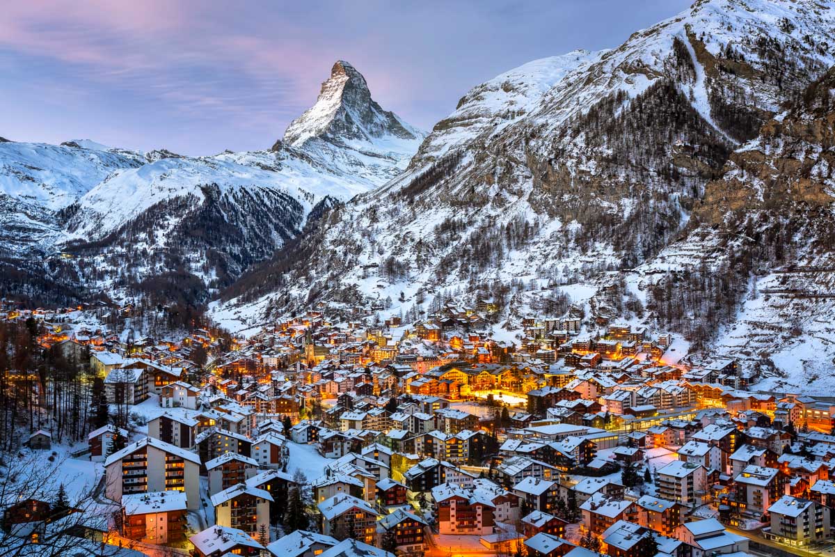 Aerial-View-on-Zermatt-Valley-and-Matterhorn-Peak-in-the-Morning-Switzerland