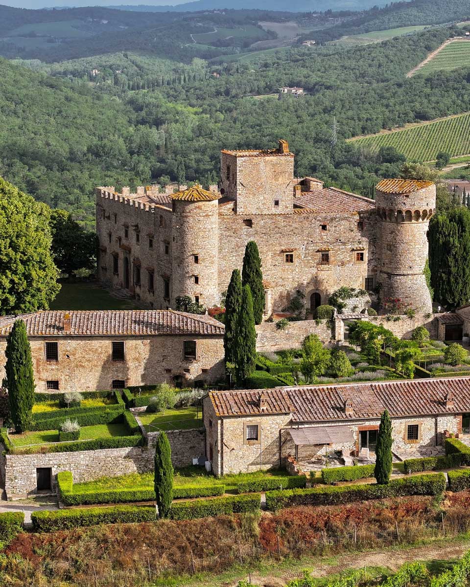 Aerial picture of the castle at Castello Di Meleto in Tuscany