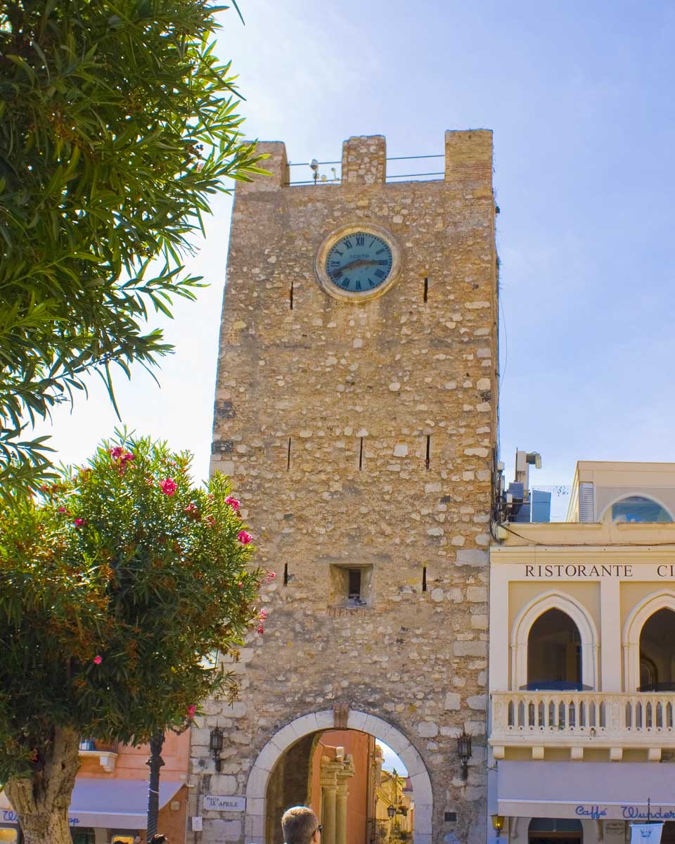 Clock Tower at IX Aprile Square in Taormina, Sicily, Italy