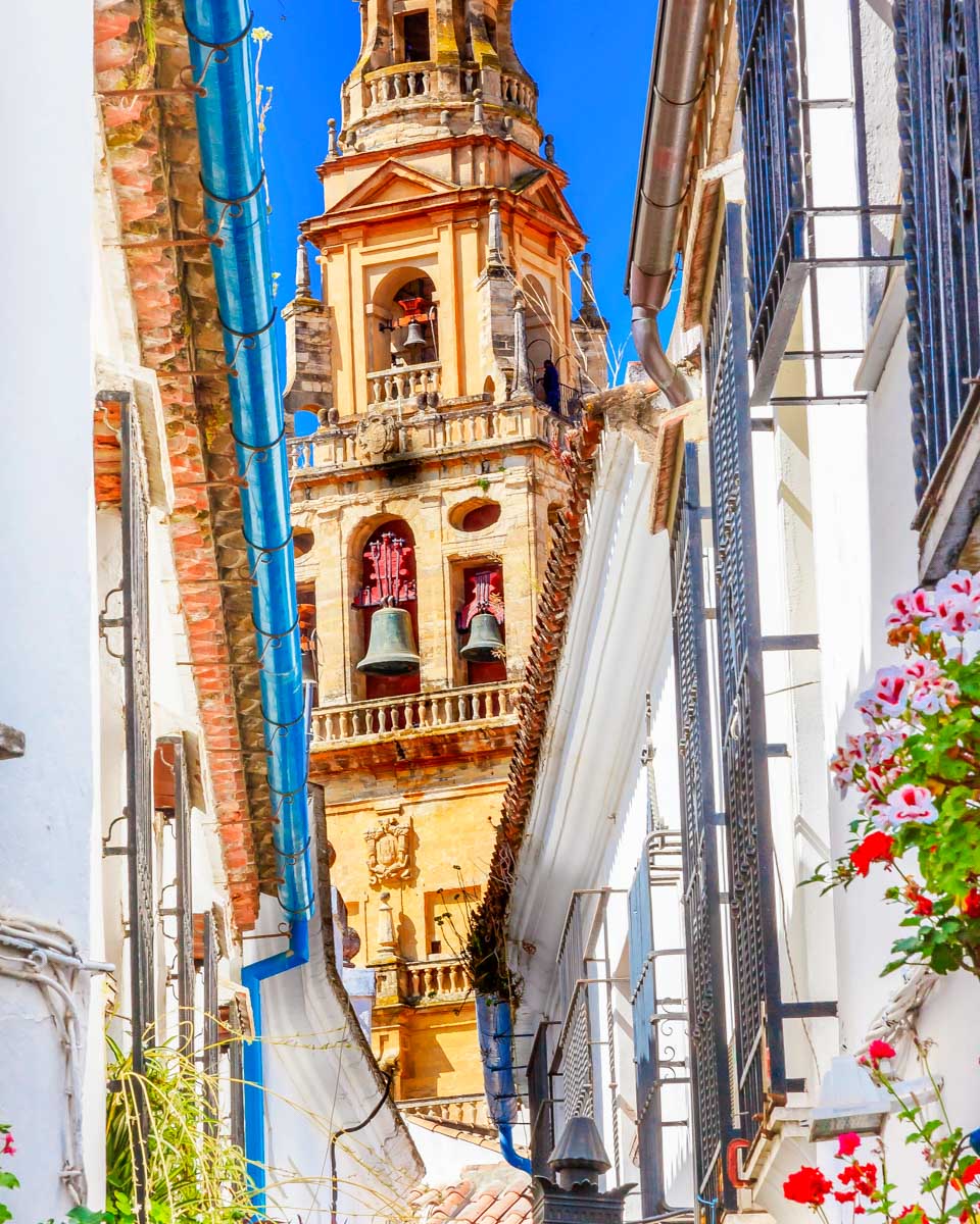Flower-Street-Torre-del-Aliminar-Tower-Mezquita-Cordoba-Spain