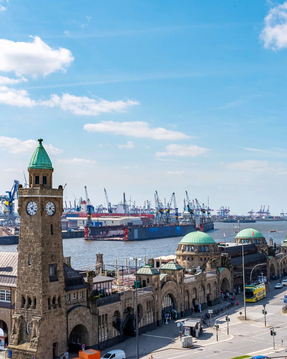 High angle view of St. Pauli Piers with Elbe river and harbor in Hamburg Germany