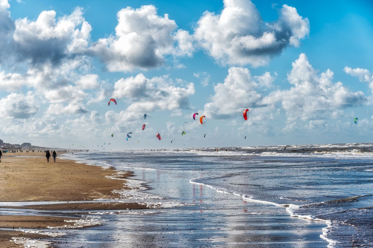 Kite surfers on the water of North Sea, Zandvoort, Netherlands