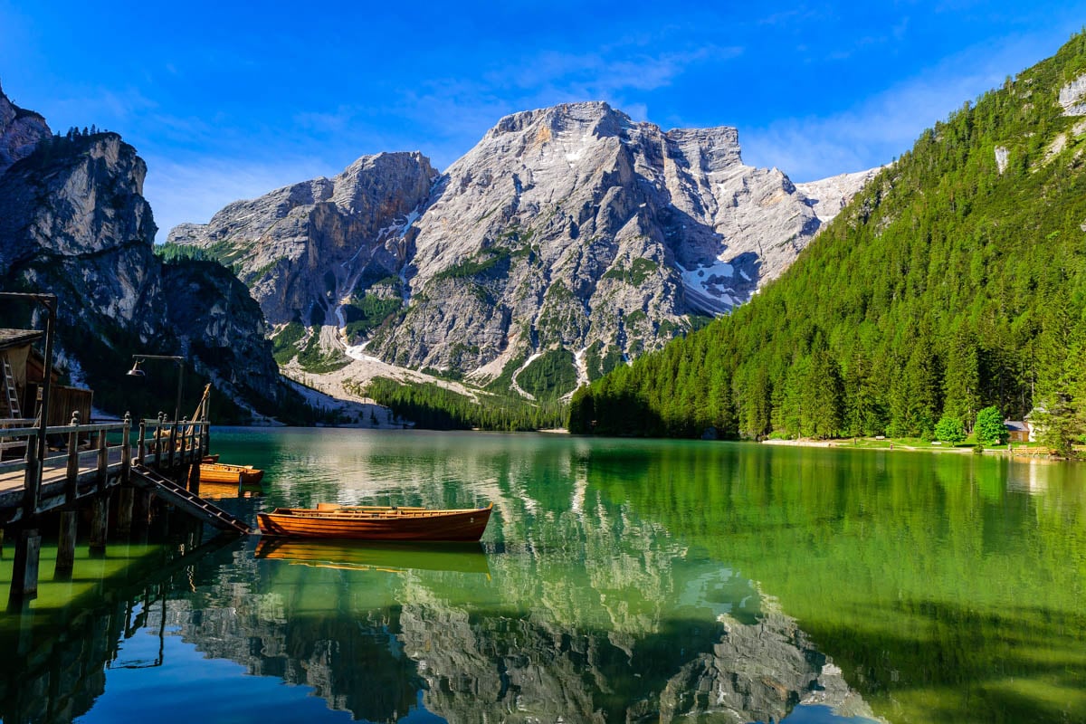 Lago di Braies seen in the Dolomites of Italy