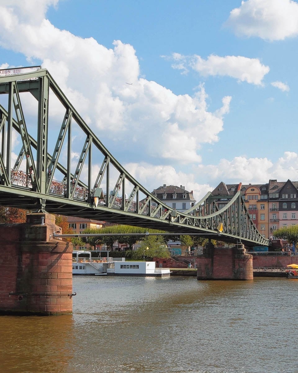 Looking at Eiserner Steg footbridge in Frankfurt Germany