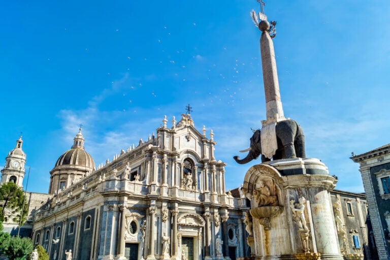 Looking at the Piazza del Duomo and Catania Cathedral in Catania Italy