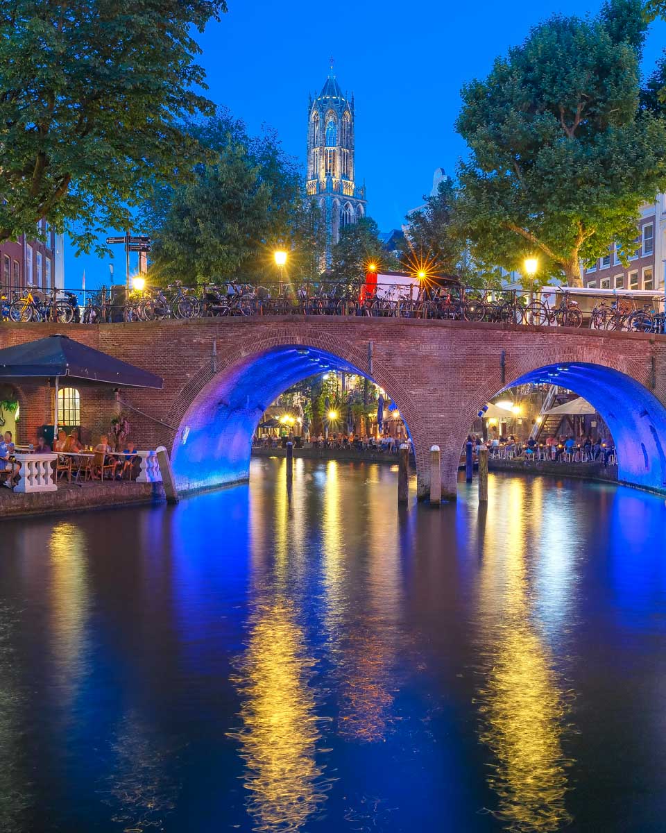 Night Dom Tower and bridge, Utrecht, Netherlands
