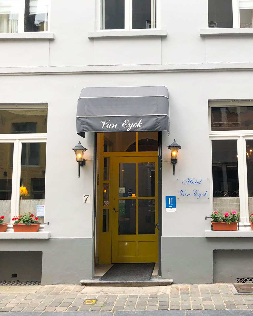 Outside entrance of Hotel Van Eyck in Bruges