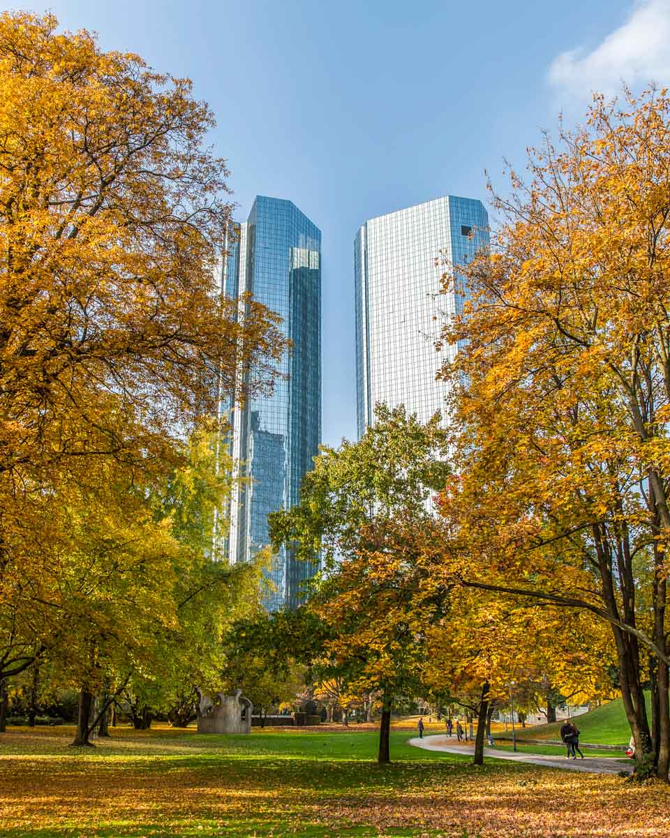 The Twin Towers and a park in Westend Frankfurt Germany