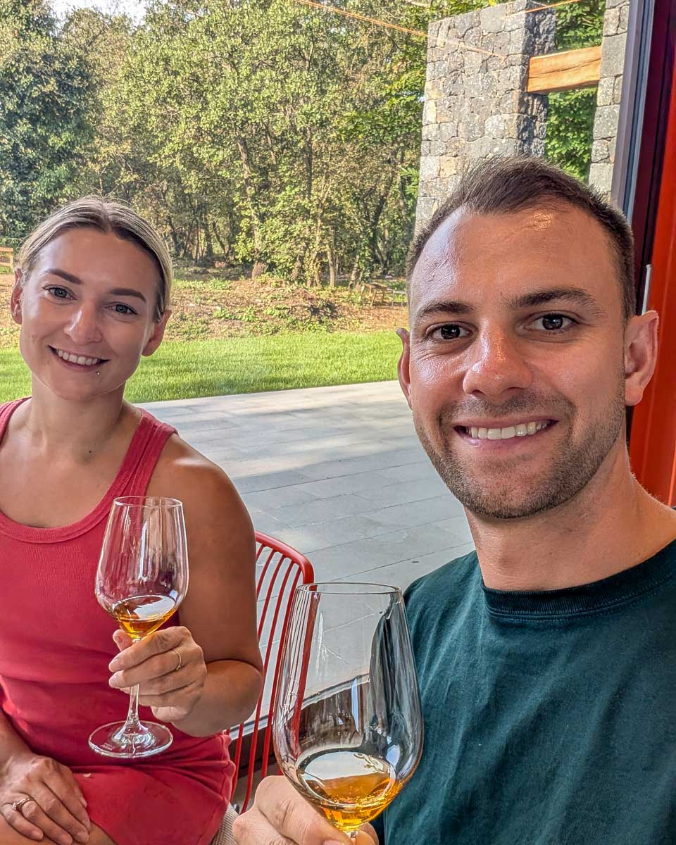 Bailey-and-Daniel-drink-wine-on-a-tour-in-Cyprus