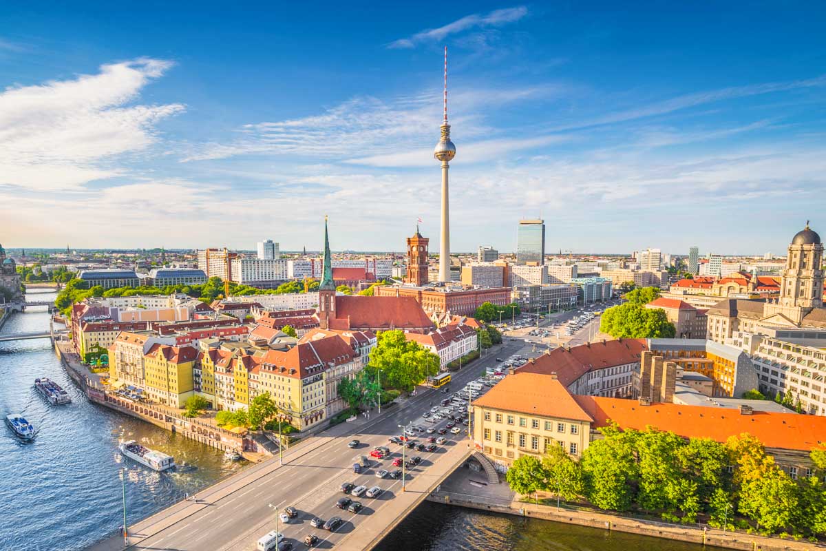 Berlin skyline panorama with Spree river at sunset, Germany