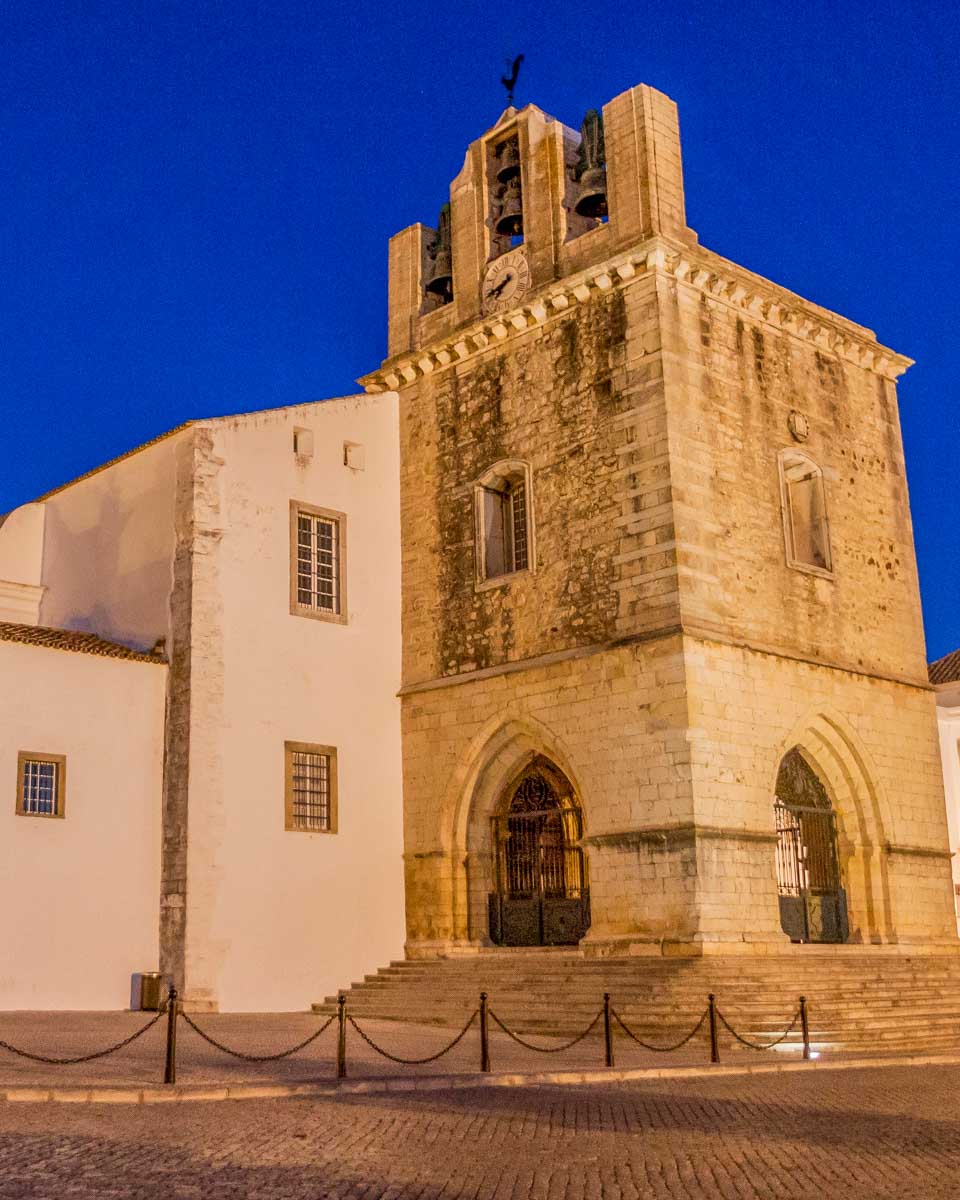 Evening view of the Cathedral of Faro (Se de Faro) seen in Faro Portugal