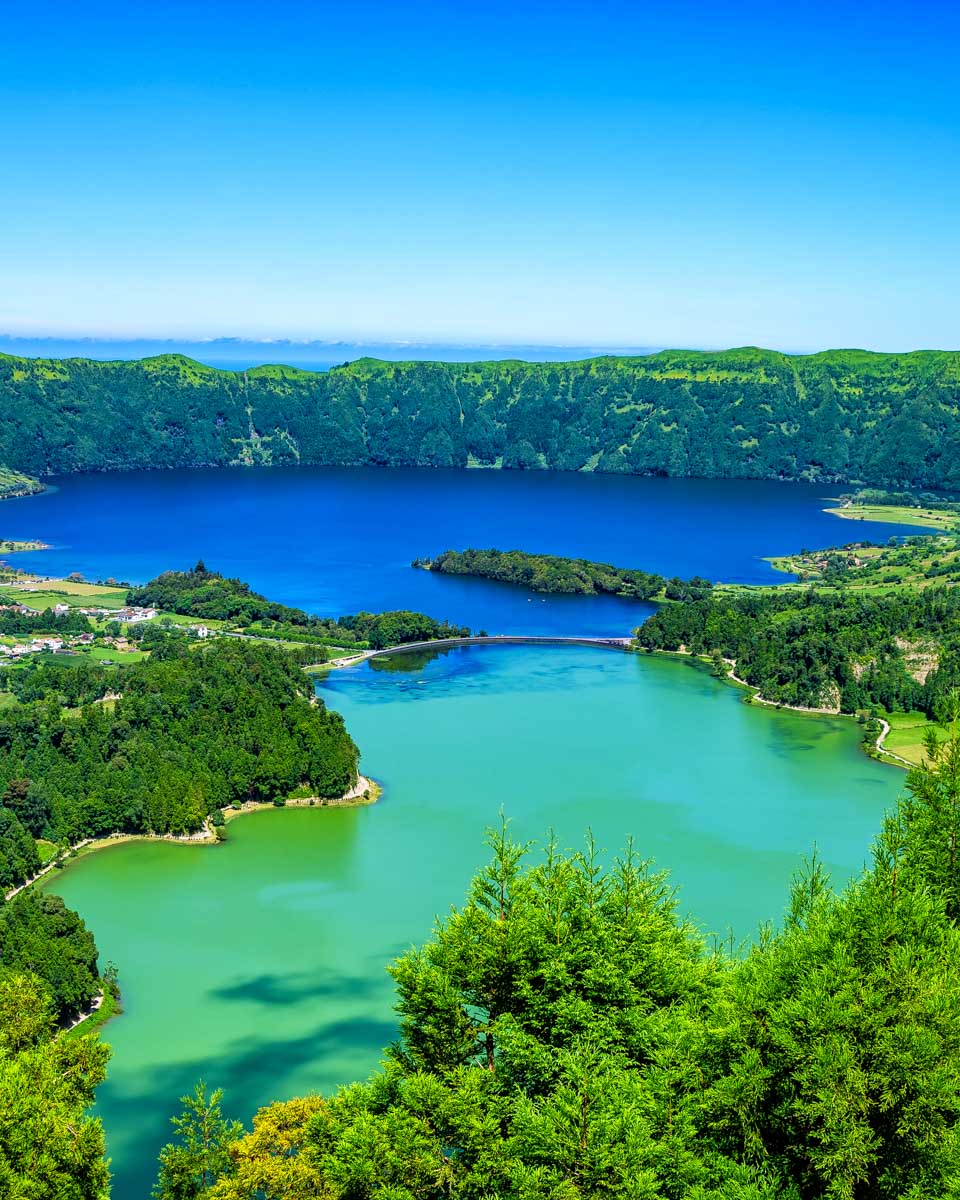 Looking down at Lagoa das Sete Cidades in Sao Miguel Portugal