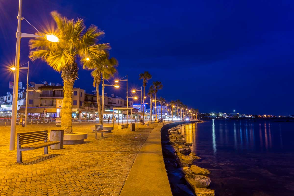 Paphos Promenade at night in Cyprus