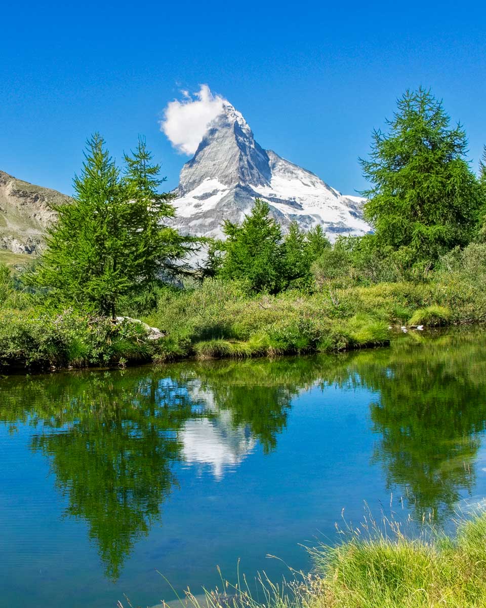 The Matterhorn seen at Stellisee on The Five Lakes Trail in Switzerland