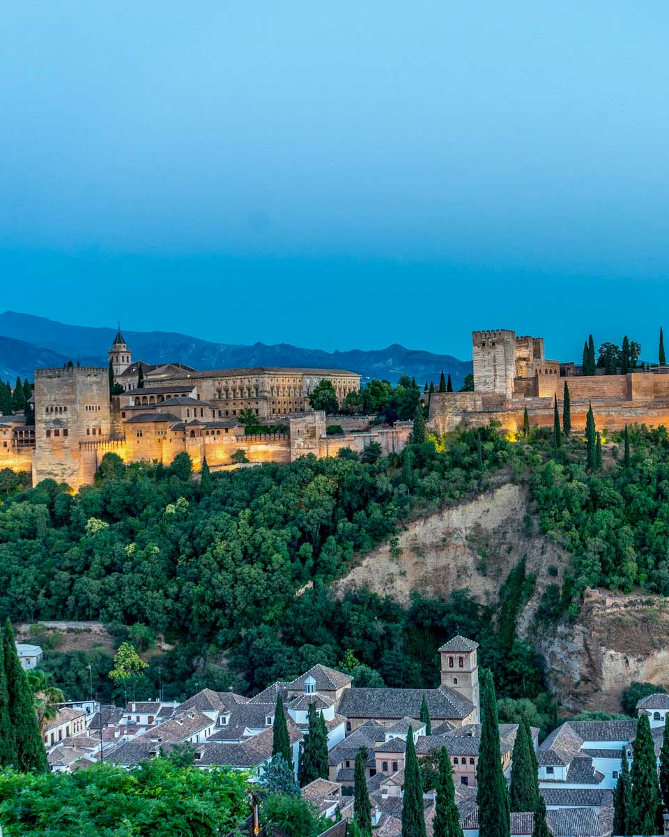 The famous view from Mirador de San Nicolás in Granada Spain in the evening