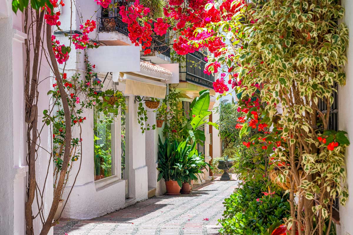 A picturesque and narrow street in Marbella old town Spain