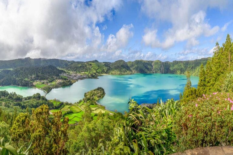 Azores volcanic landscapes with Lagoa das Sete Cidades in Sao Miguel Portugal