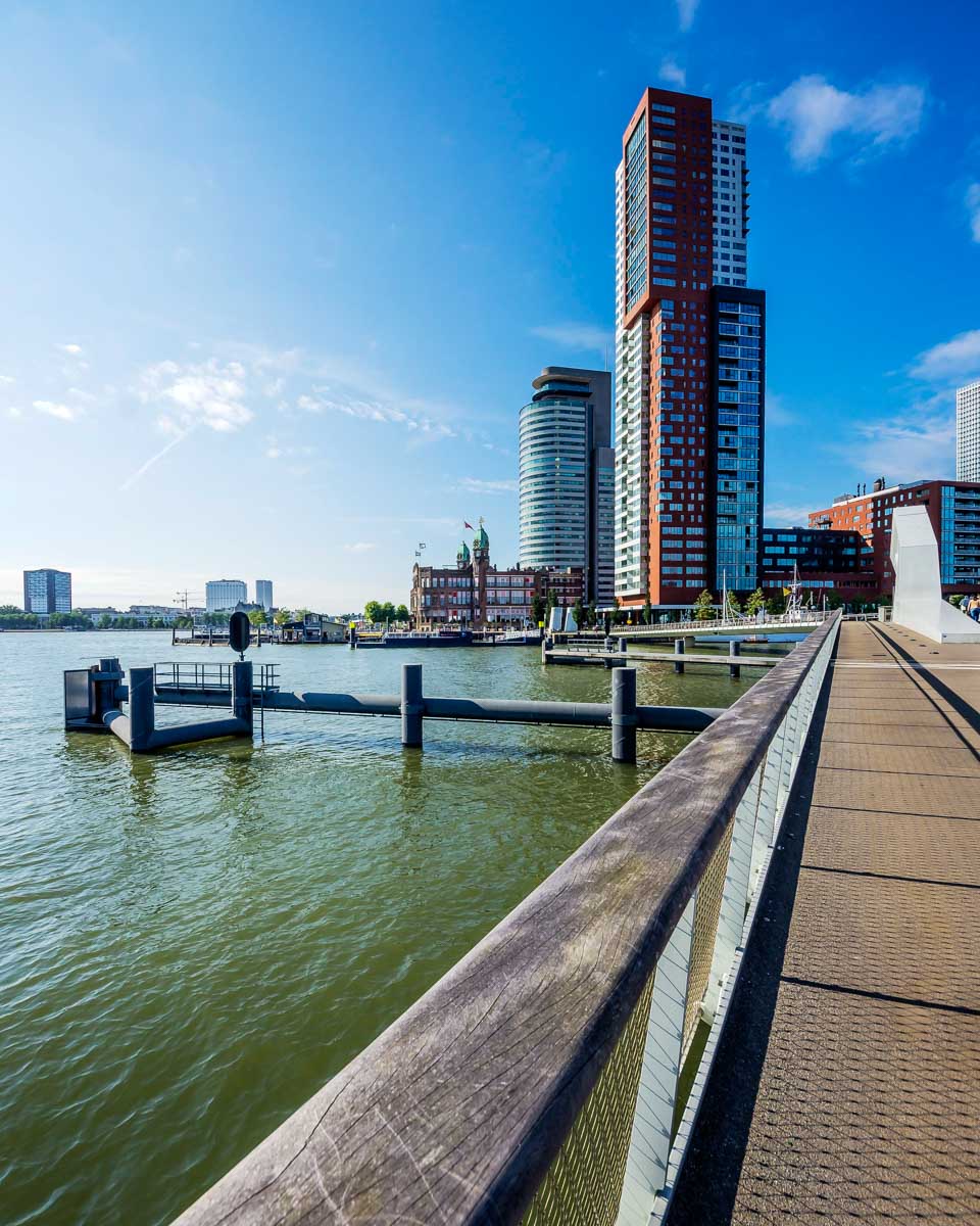 Modern architecture by the Nieuwe Maas River in Rotterdam Netherlands