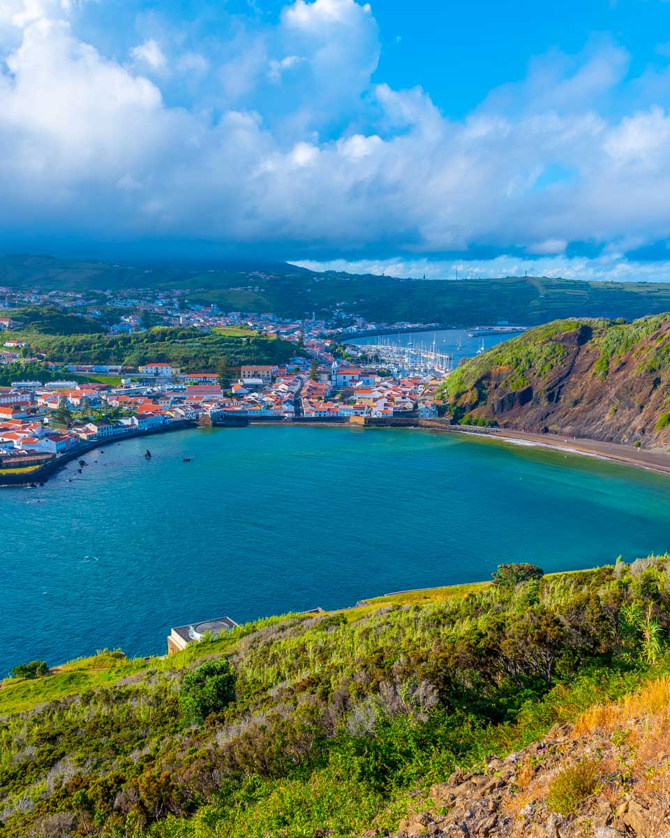 Porto Pim neighborhood and beach at Faial island Azores Portugal