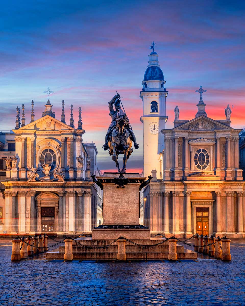 Turin, Italy at Piazza San Carlo during twilight