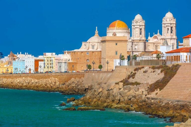 Waterfront and Cadiz Cathedral in Cadiz, Spain