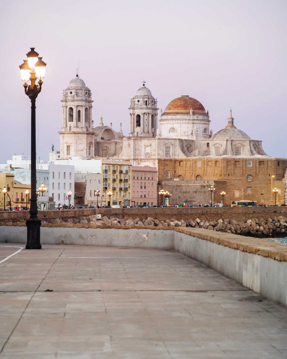 Waterfront and view of Cadiz Cathedral in Cadiz Spain