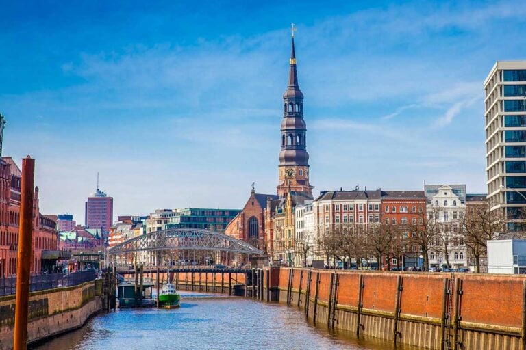 Zollkanal and the historic St. Catherine's Church (Hauptkirche St. Katharinen) in Hamburg, Germany