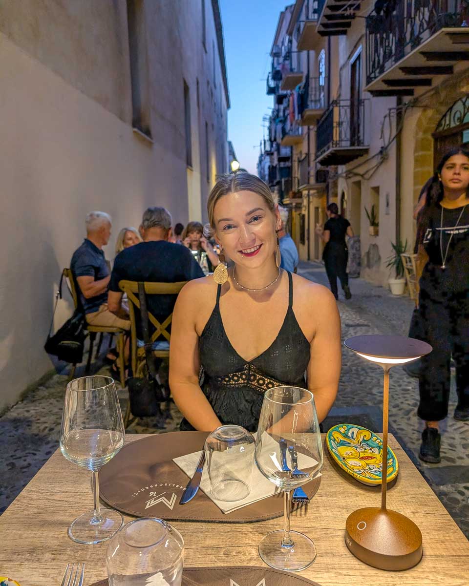 Bailey-eats-dinner-with-wine-in-Salerno Italy
