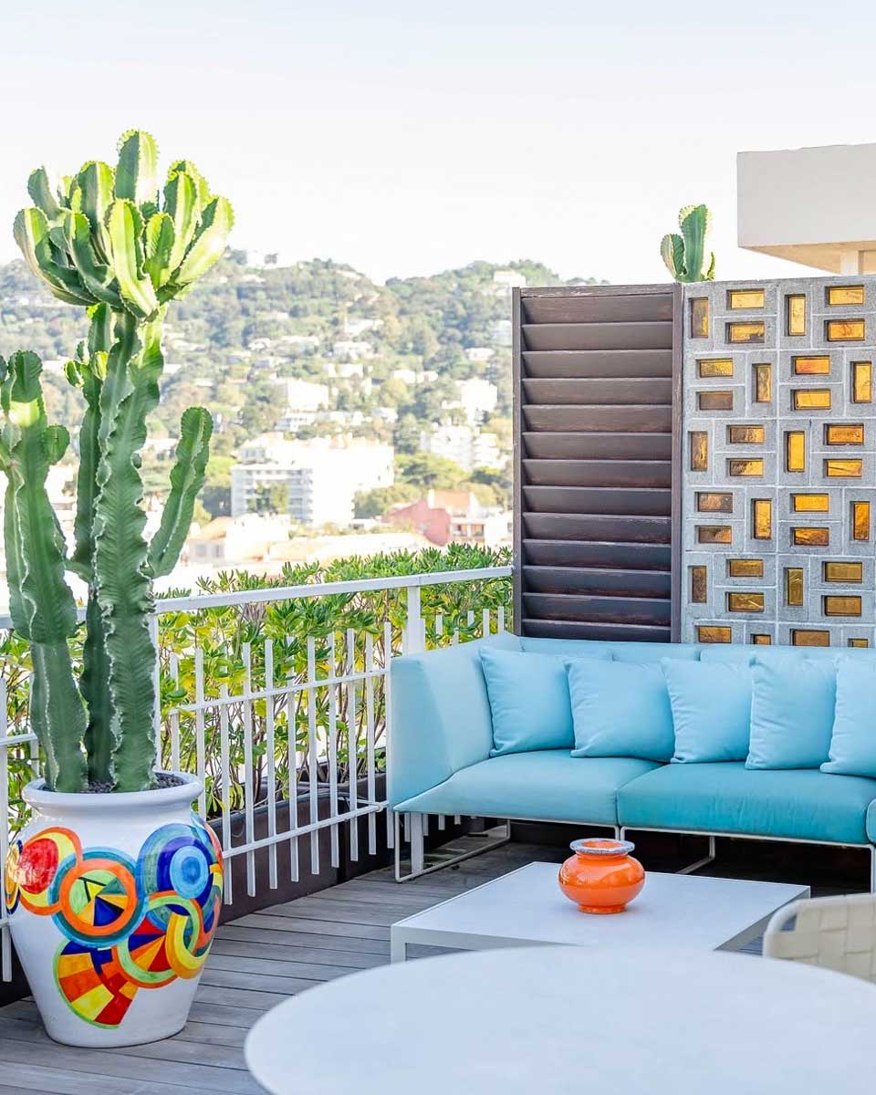 Balcony with a city view at Mondrian Cannes hotel
