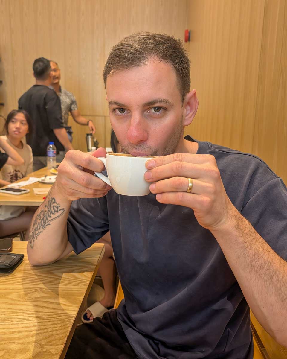 Daniel-drinks-coffee-on a tour in Thessaloniki Greece