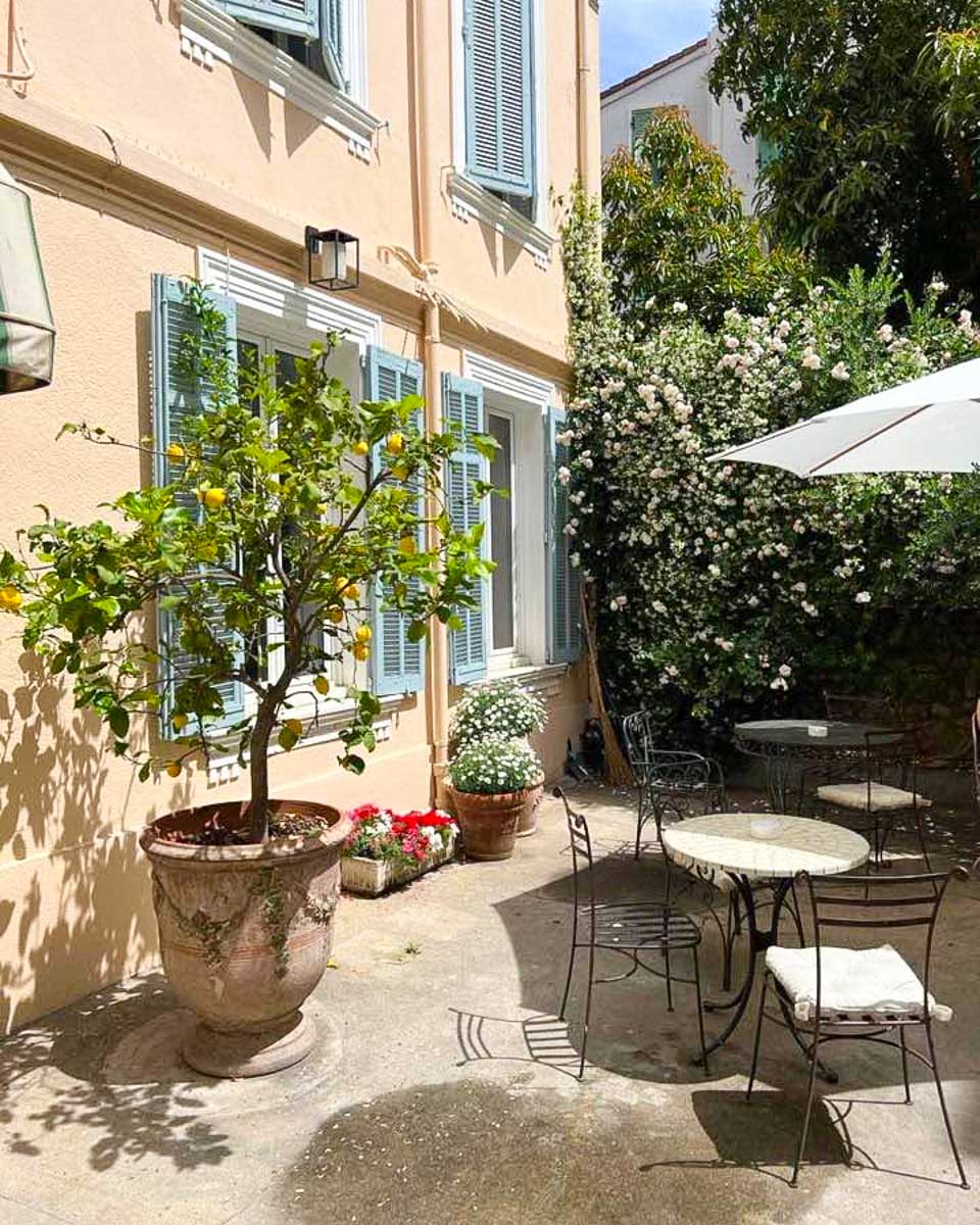 The outdoor terrace at Hotle Chanteclair in Cannes