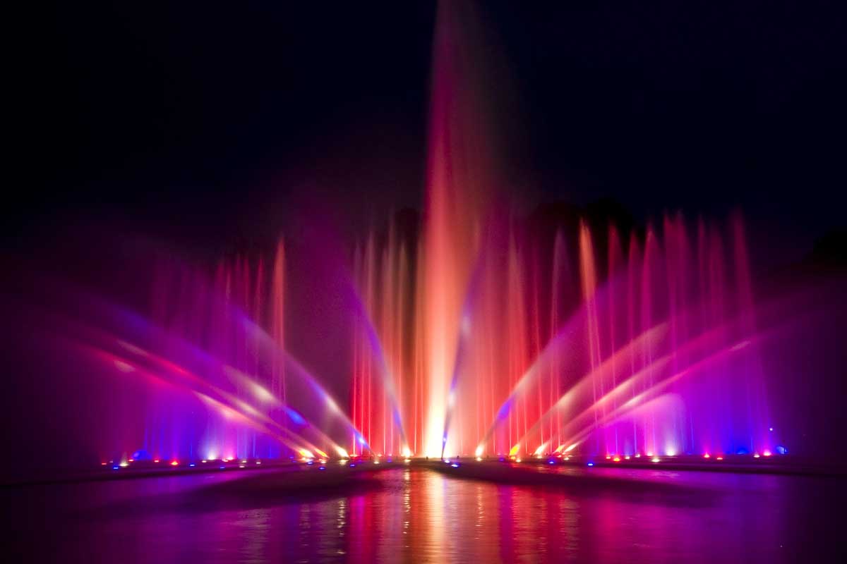 The water-light show at Planten un Blomen at night in Hamburg Germany