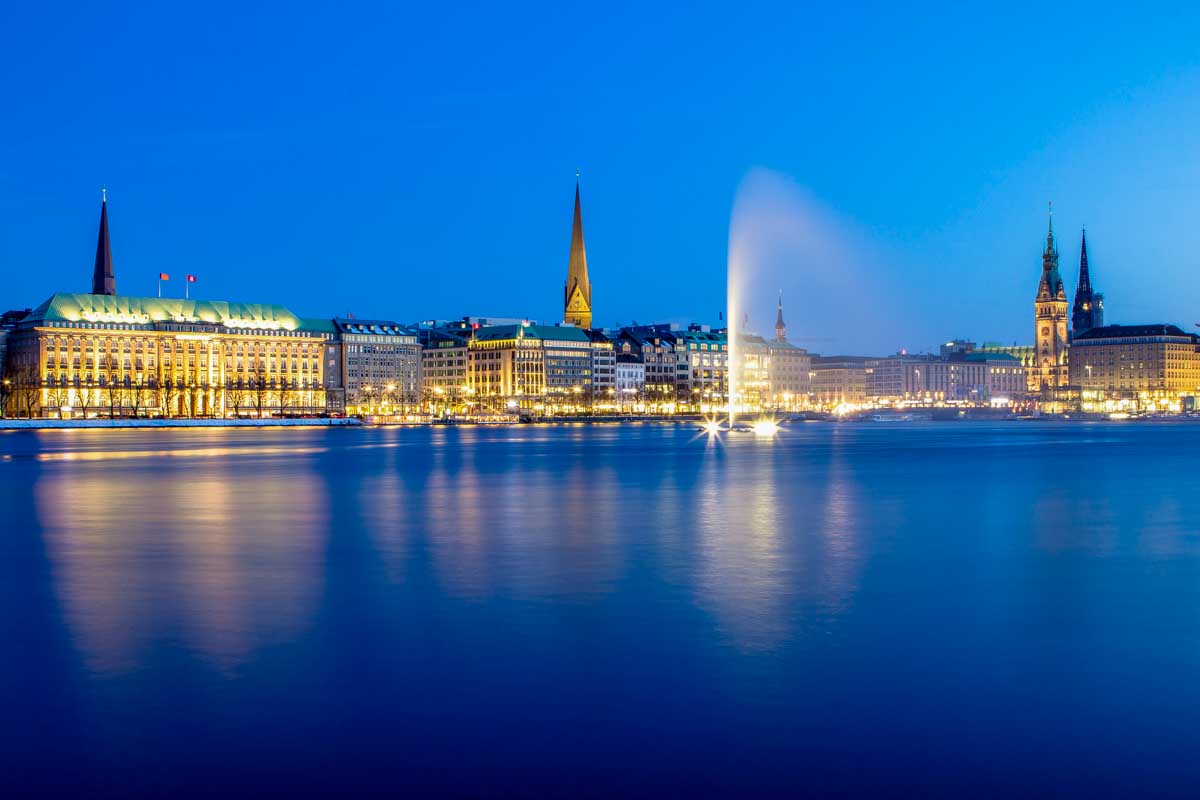 the Binnenalster in the evening in Hamburg Germany